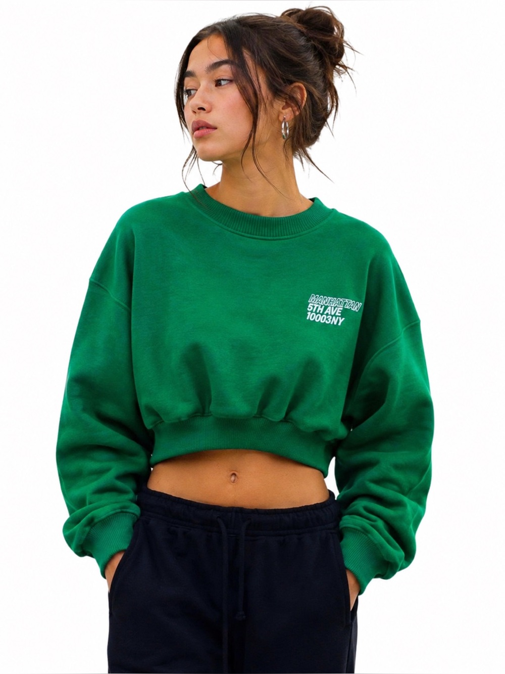 ZARA Manhattan 5th Ave Cropped Oversized Sweatshirt Green Size M NWT